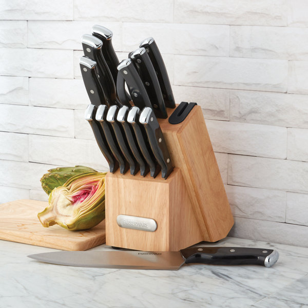 Farberware 14Piece Gray Knife Block Set HighCarbon Stainless Steel Blades, Triple Riveted